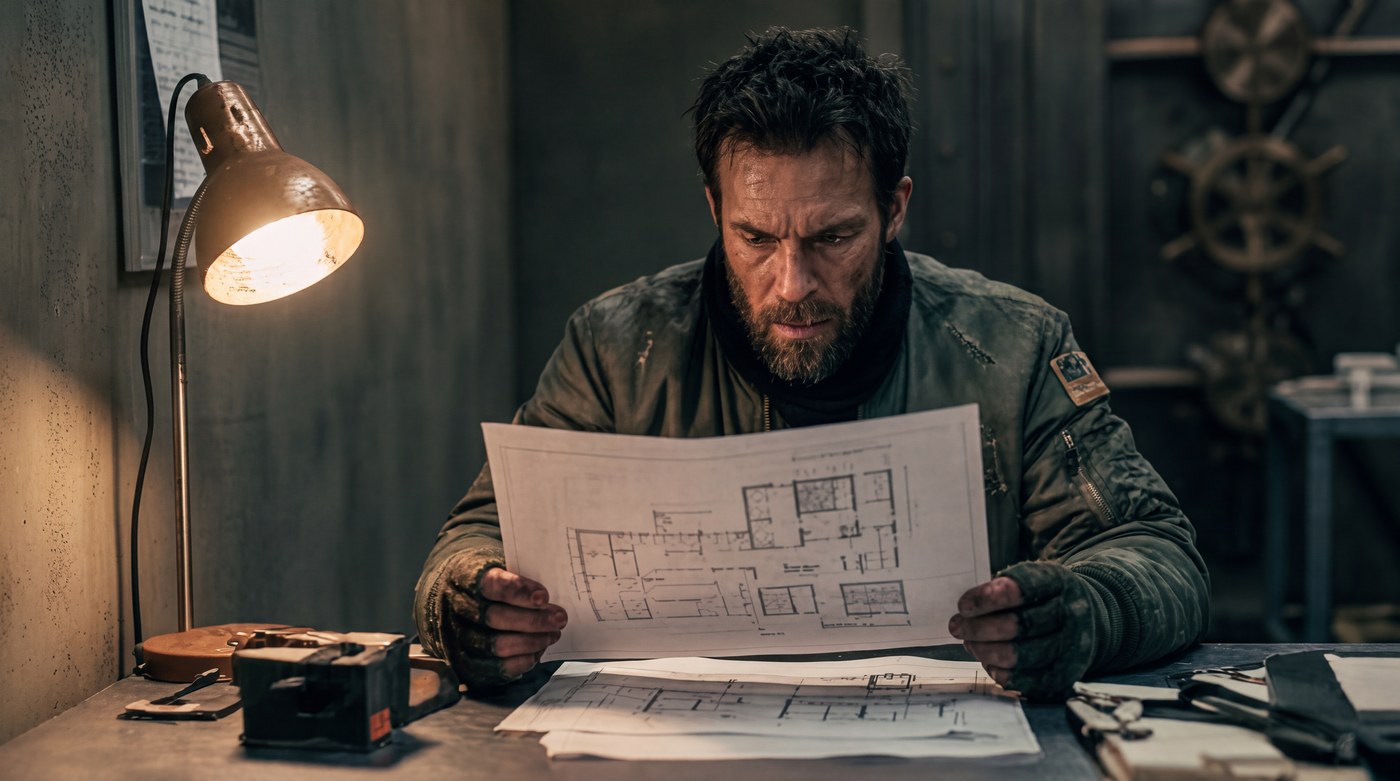 A man studying a floor plan under a work lamp
