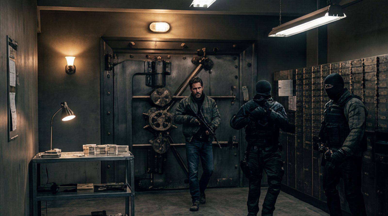 A bank vault standing open with the lights still on