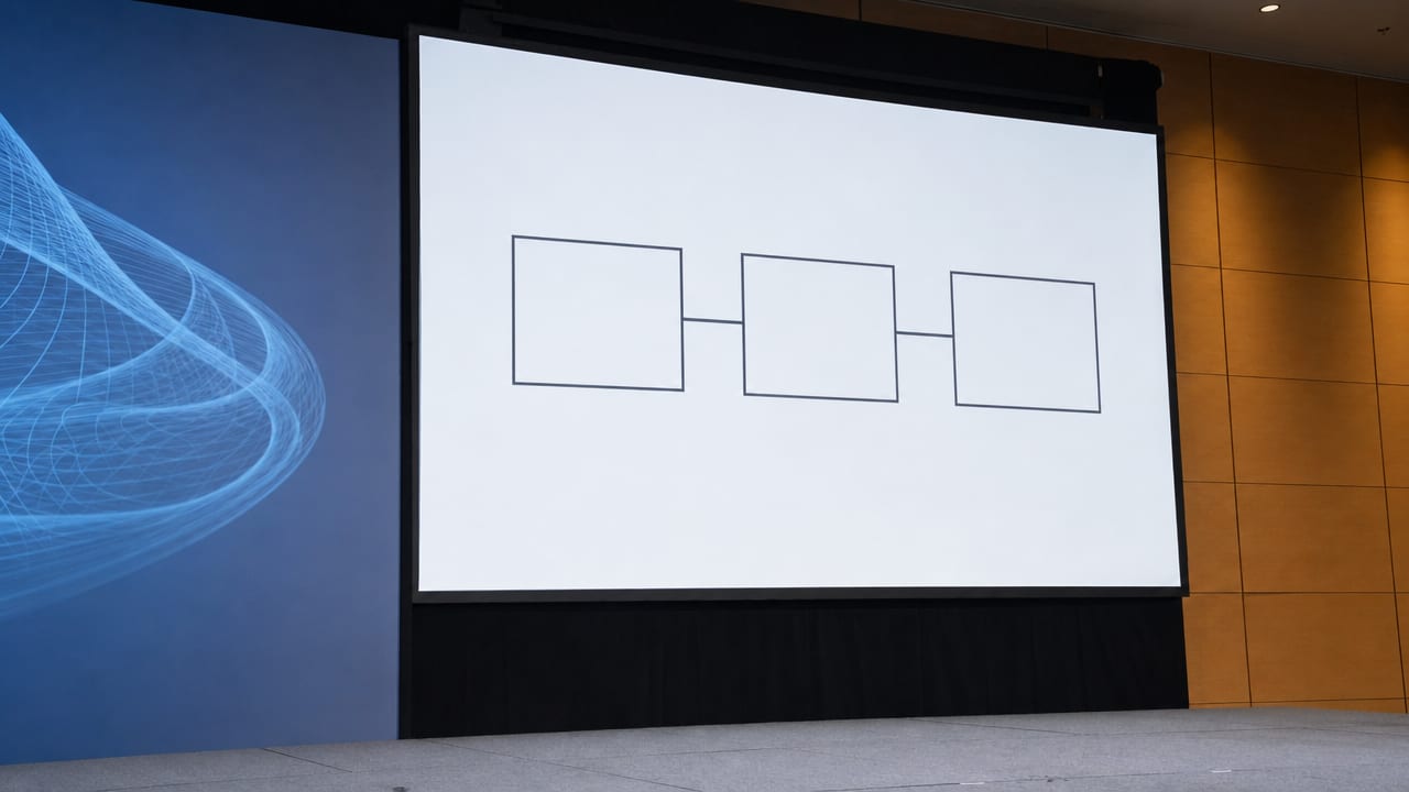 A presentation screen showing a simple three-box diagram