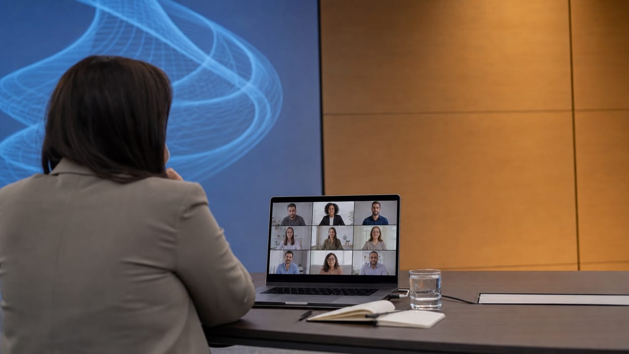 A laptop showing a video call grid of participants